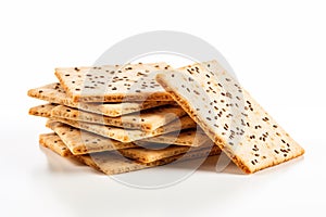 Stack of crackers with sesame seeds isolated on white background