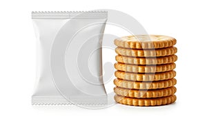 Stack of crackers and snack bag isolated on white background