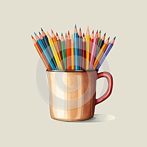 a stack of crayons and pencil drawing in a cup