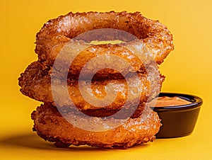 A stack of crispy onion rings with dipping sauce.