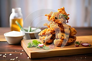 stack of crispy pakoras on wooden board