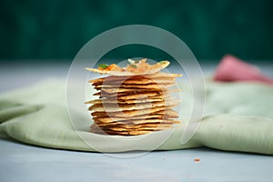 a stack of crispy papadums on cloth