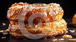 Stack of croissant and doughnut hybrid topping with marpl syrup as a cronut on black background