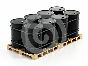 Stack of crude oil barrels on wooden pallet isolated on white background. 3D illustration