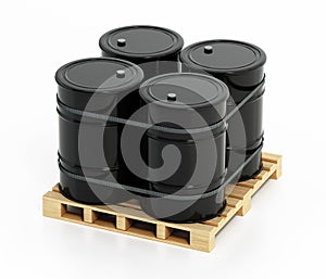 Stack of crude oil barrels on wooden pallet isolated on white background. 3D illustration