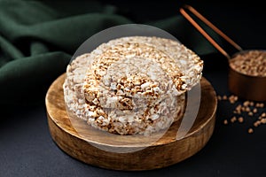 Stack of crunchy buckwheat cakes on black table