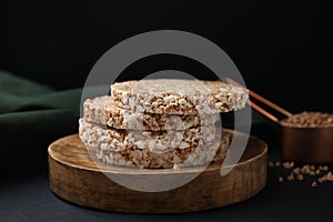 Stack of crunchy buckwheat cakes on black table