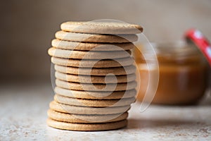 Stack of crunchy cookies. Galletas Maria popular Spanish crackers. Close up