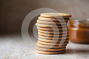 Stack of crunchy cookies. Galletas Maria popular Spanish crackers. Close up photo