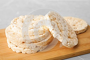 Stack of crunchy rice cakes on table