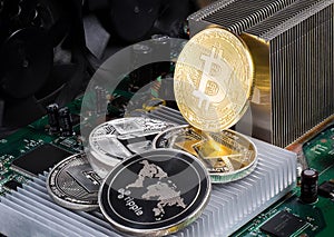 Stack of cryptocurrencies: bitcoin, ethereum, litecoin, dash, and ripple coin together.