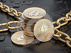 Stack of cryptocurrencies on circuit board