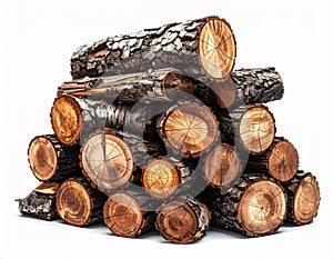 Stack of Cut Firewood Logs with White Background and Visible Wood Grain
