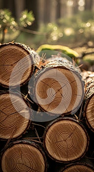 Stack of cut logs in forest with visible tree rings
