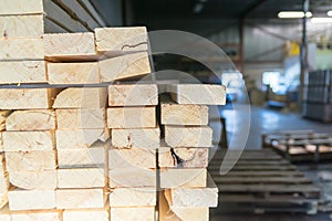 Stack of cut Lumber wood in a lumber Factory