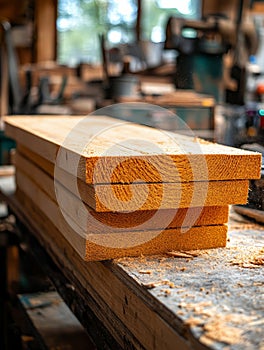 Stack of cut wooden planks in a woodworking workshop