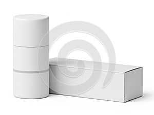 Stack of cylindrical containers and rectangular box isolated on white background
