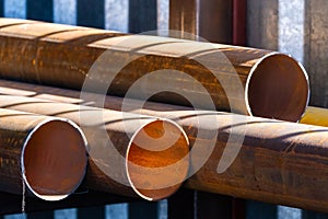 Stack of cylindrical round steel pipes
