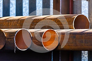 Stack of cylindrical round steel pipes