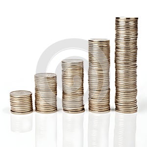 3D coin stacks isolated on white photo