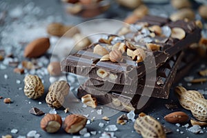 Stack of dark chocolate with almonds and peanuts on dark background