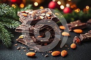 A stack of dark chocolate with almonds on top of it