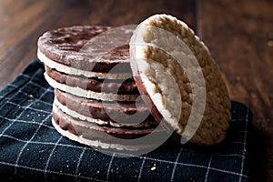 Stack Of Dark Chocolate Covered Rice Cakes or Corn Crackers