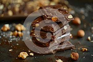 Stack of dark chocolate with hazelnuts and walnuts on dark background