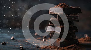 Stack of dark chocolate pieces with cocoa