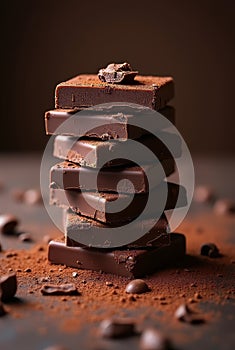 Stack of dark chocolate pieces on rustic table. A close-up of a stacked pile of dark chocolate pieces Ai generated