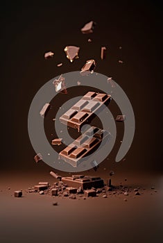Stack of dark chocolate pieces on rustic table. A close-up of a stacked pile of dark chocolate pieces Ai generated