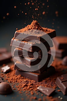 Stack of dark chocolate pieces on rustic table. A close-up of a stacked pile of dark chocolate pieces Ai generated
