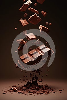 Stack of dark chocolate pieces on rustic table. A close-up of a stacked pile of dark chocolate pieces Ai generated