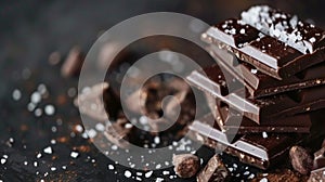 Stack of dark chocolate pieces with sea salt