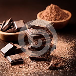 Dark chocolate stack, chips and powder