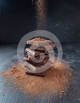 Dark chocolate stack, chips and powder