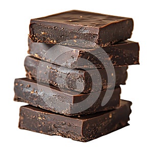 Stack of dark chocolate squares isolated on transparent background