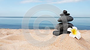 Stack of dark stones and flower near sea, space for text. Zen concept