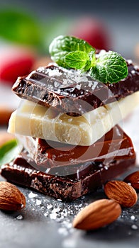 Stack of dark and white chocolate bars with mint leaves and almonds