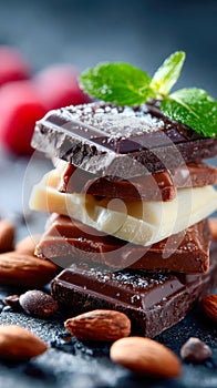 Stack of dark and white chocolate bars with mint leaves and almonds