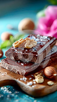 Stack of dark and white chocolate bars with mint leaves and almonds