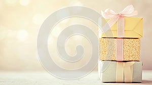 Stack of Decorative Gift Boxes Wrapped With Ribbon and a Bow, Set on a Light Surface
