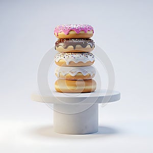 Stack of Delicious Assorted Donuts on a White Pedestal