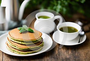 Stack of delicious Matcha tea pancakes