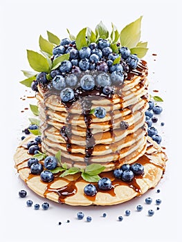 Stack of delicious pancakes with fresh blueberries and syrup