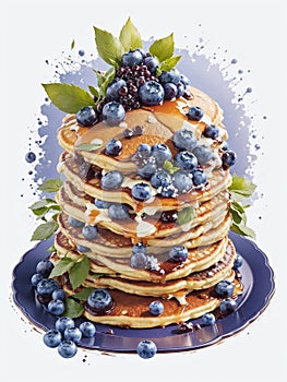Stack of delicious pancakes with fresh blueberries and syrup