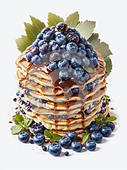 Stack of delicious pancakes with fresh blueberries and syrup