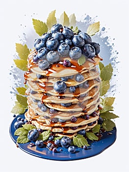 Stack of delicious pancakes with fresh blueberries and syrup