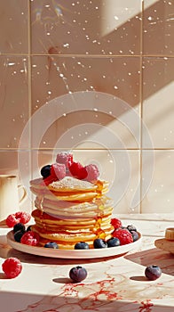 Stack of delicious pancakes with raspberries and blueberries, syrup flowing high above. Aesthetic kitchen. Generative AI