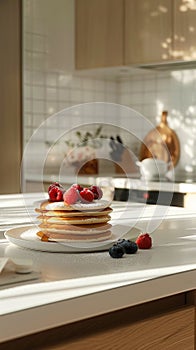 Stack of delicious pancakes with raspberries and blueberries, syrup flowing high above. Aesthetic kitchen. Generative AI